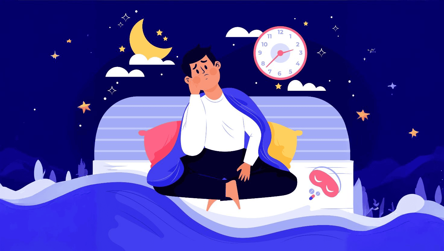 Grafika - mężczyzna siedzący na łóżku, bezsenność